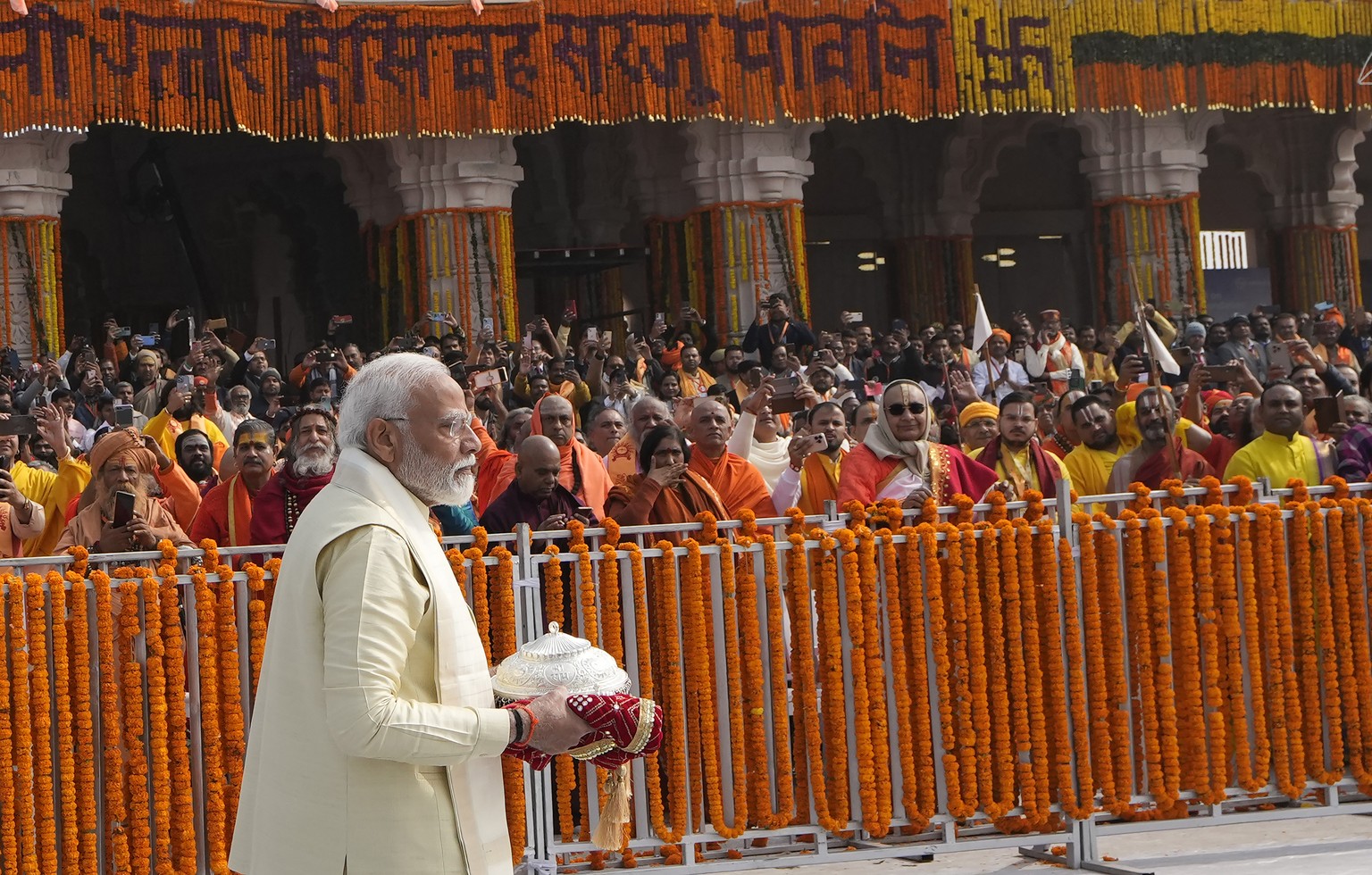 Indian Prime Minister Narendra Modi, arrives to lead the opening of a temple dedicated to Hinduism?s Lord Ram in Ayodhya, India, Monday, Jan. 22, 2024. The magnificent temple lies at the site of a 16t ...