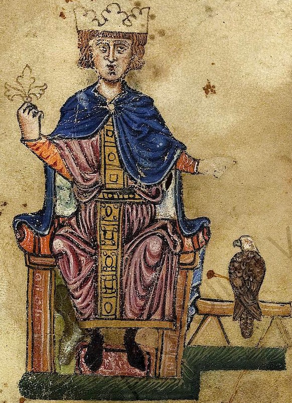 Friedrich II. mit seinem Falken. Aus seinem Buch De arte venandi cum avibus („Über die Kunst, mit Vögeln zu jagen“); Biblioteca Apostolica Vaticana, Rom (Pal. lat. 1071, fol. 1v, Süditalien/Sizilien 1 ...