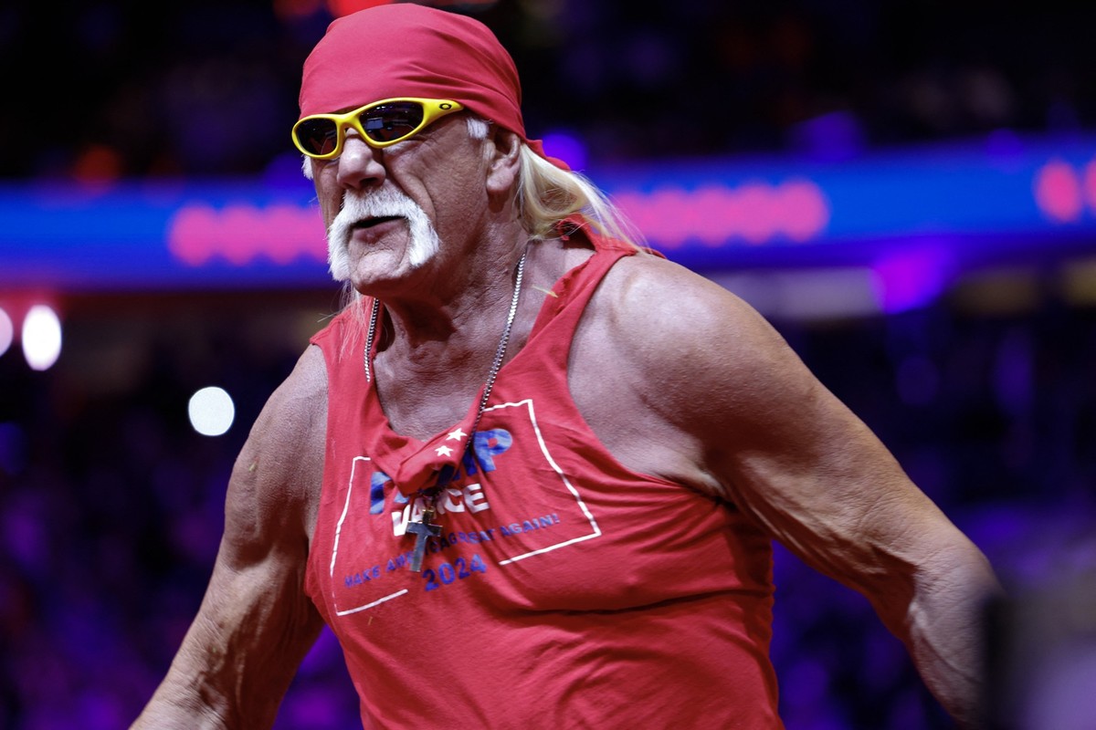 NEW YORK, NEW YORK - OCTOBER 27: Hulk Hogan takes the stage at a campaign rally for Republican presidential nominee, former U.S. President Donald Trump at Madison Square Garden on October 27, 2024 in  ...