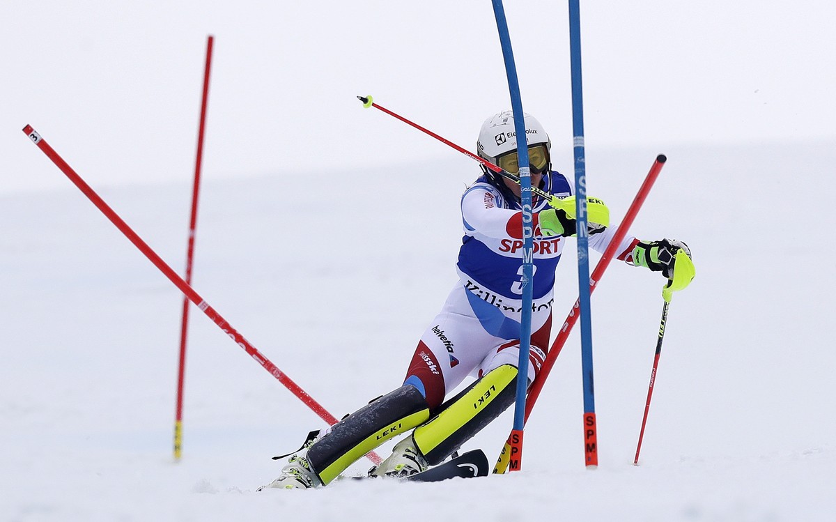 Wendy Holdener, of Switzerland, competes during the second run of an alpine skiing women's World Cup slalom in Killington, Vt., Sunday, Nov. 27, 2016. Holdener finished third. (AP Photo/Charles K ...