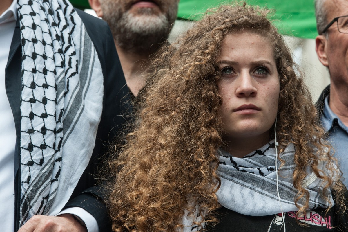 LONDON, ENGLAND - MAY 11: Palestinian activist Ahed Tamimi leads a protest organised by the Stop the War Coalition and Palestine Solidarity Campaign in support of the Palestinian people on May 11, 201 ...