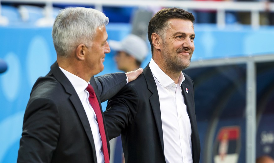 epa06831724 Switzerland&#039;s head coach Vladimir Petkovic (L) greets Serbia&#039;s head coach Mladen Krstajic (R) prior to the FIFA World Cup 2018 group E preliminary round soccer match between Swit ...