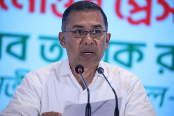 epa12738583 Bangladesh Nationalist Party (BNP) Chairman Tarique Rahman attends a press conference in Dhaka, Bangladesh, 14 February 2026. The Bangladesh Nationalist Party, led by Tarique Rahman, has w ...