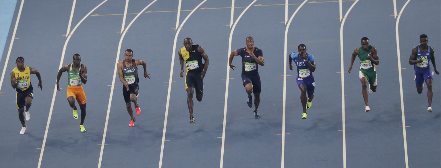 Jamaica&#039;s Usain Bolt, fourth left, competes in the men&#039;s 100-meter final during the athletics competitions of the 2016 Summer Olympics at the Olympic stadium in Rio de Janeiro, Brazil, Sunda ...