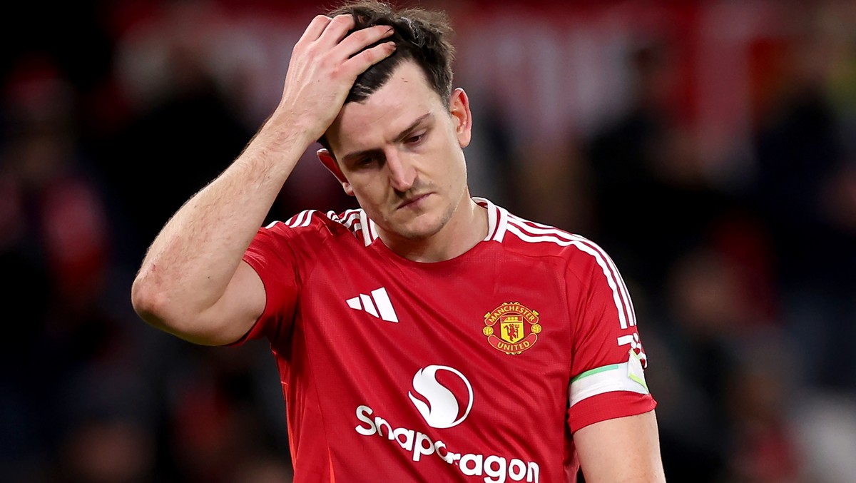 epa11799435 Harry Maguire of Manchester United reacts after the final whistle of the English Premier League match between Manchester United and Newcastle United in Manchester, Britain, 30 December 202 ...