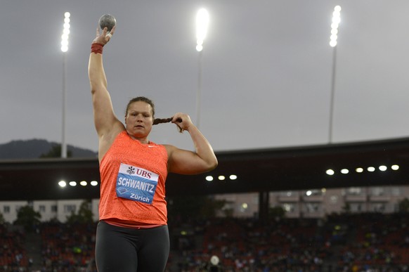 Christina Schwanitz from Germany competes in the women&#039;s shot put event, during the Weltklasse IAAF Diamond League international athletics meeting in the Letzigrund stadium in Zurich, Switzerland ...