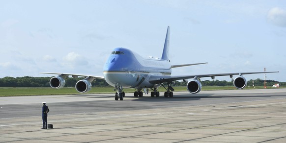 Air Force One, carrying President Donald Trump and first lady Melania, arrives at Stansted Airport in England, for the start of the three day state visit Monday June 3, 2019. (Joe Giddens/PA via AP)