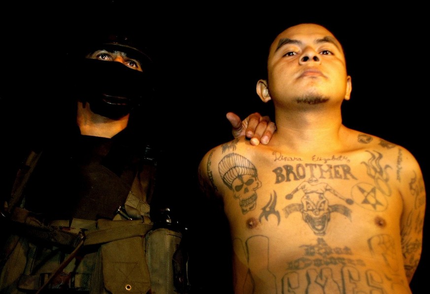 An alleged member of &quot;MS 13&quot; Salvadoran gang (R) is captured by National Civil Police agents in Santa Ana, 63 kilometers west of San Salvador, during a &#039;Super Strong Hand&#039; anti-gan ...