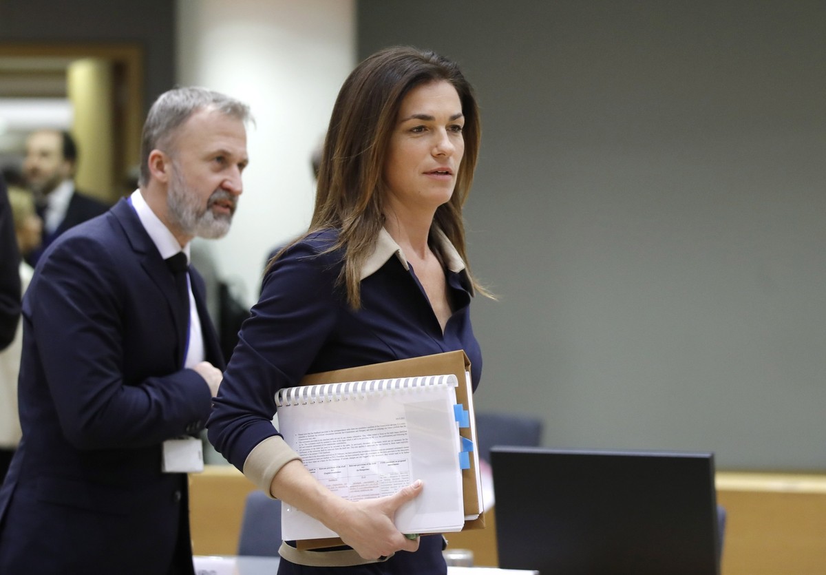 epa10513146 Hungarian Minister of Justice Judit Varga (C) at the start of an EU Justice and Home Affairs council in Brussels, Belgium, 10 March 2023. Among other topics, the ministers will review the  ...