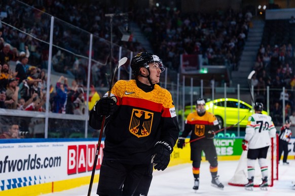 ZURICH, SWITZERLAND - MAY 22: Leon Gawanke Germany, 9 during his goal celebration during the Preliminary Round - Group A Match 33 between Germany and Hungary at the IIHF Ice hockey, Eishockey World Ch ...