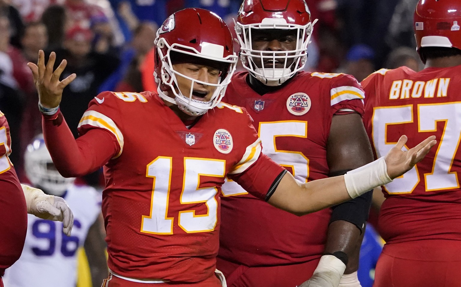 Kansas City Chiefs quarterback Patrick Mahomes reacts during the second half of an NFL football game against the Buffalo Bills Sunday, Oct. 10, 2021, in Kansas City, Mo. (AP Photo/Ed Zurga)