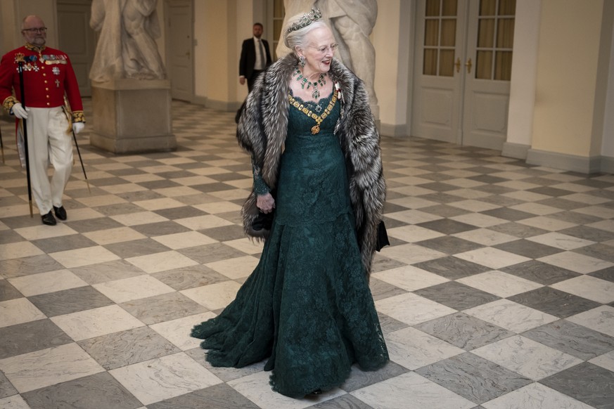 epa10961308 Danish Queen Margrethe II arrives for a State Banquet in honor of Spain&#039;s king and queen at Christiansborg Castle in Copenhagen, Denmark, 06 November 2023. The Spanish royal couple is ...