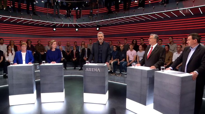 Die Teilnehmer der Europa-«Arena» vom Freitag: Magdalena Martullo-Blocher, Christa Markwalder, Moderator Sandro Brotz, Filippo Lombardi, Corrado Pardini.