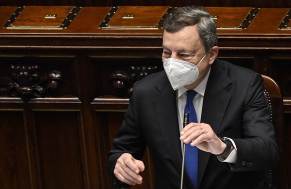 epa09294996 Italian Prime Minister Mario Draghi delivers a speech at the Lower House, ahead to the upcoming European Council meeting scheduled for 24-25 June, in Rome, Italy, 23 June 2021. Draghi reit ...