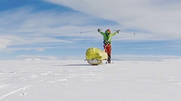 In this photo provided by Colin O&#039;Brady, of Portland., Ore., he poses for a photo while traveling across Antarctica on Wednesday, Dec. 26, 2018. He has become the first person to traverse Antarct ...