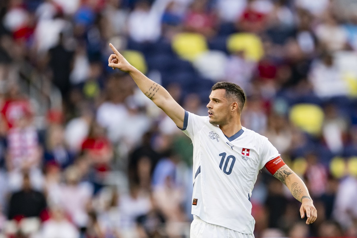 Switzerland's Granit Xhaka reacts during a Friendly soccer match between USA and Switzerland at the Geodis Park stadium, in Nashville, Tennessee, United States of America, Wednesday, June 11, 202 ...