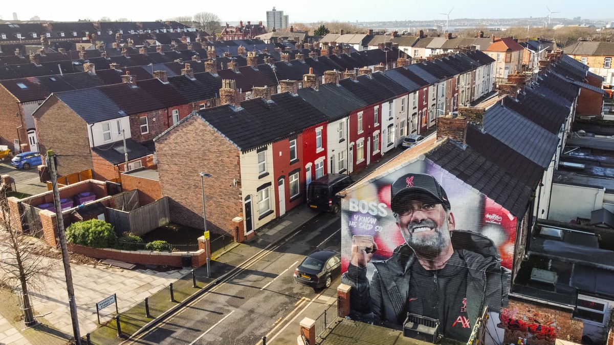 epa11105805 An aerial photograph taken with a drone of a mural of Liverpool manager Jurgen Klopp in Liverpool, Britain, 26 January 2024. Klopp on 26 January 2024 announced that he will leave Liverpool ...