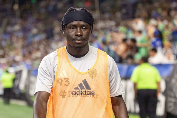 July 31, 2025, Seattle, Seattle, USA: Seattle Sounders forward Georgi Minoungou 93 warms up behind the field during the second half of the game, Seattle Sounders vs Cruz Azul, in the 2025 Leagues Cup, ...