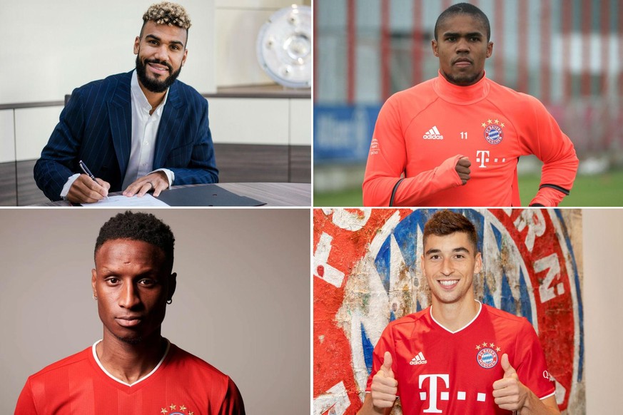 Die vier neuen Bayern-Spieler: Choupo-Moting, Douglas Costa, Sarr und Roca (im Uhrzeigersinn).