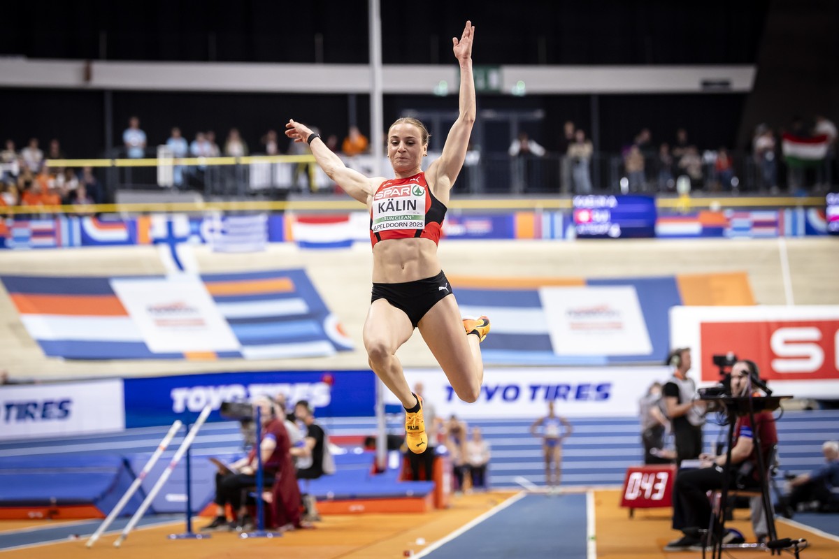 epa11950335 Silver medalist Annik Kaelin of Switzerland competes in the women's long jump event during the European Athletics Indoor Championships at the Omnisport arena in Apeldoorn, Netherlands ...