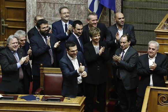 epa07290967 Greek Prime Minister Alexis Tsipras (C) gives a thumbs up next to the members of the goverment after surviving the vote of confidence in the government, in the parliament&#039;s plenum, in ...