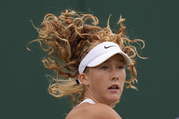 Russia&#039;s Mirra Andreeva plays a return to Russia&#039;s Anastasia Potapova during the women&#039;s singles match on day seven of the Wimbledon tennis championships in London, Sunday, July 9, 2023 ...