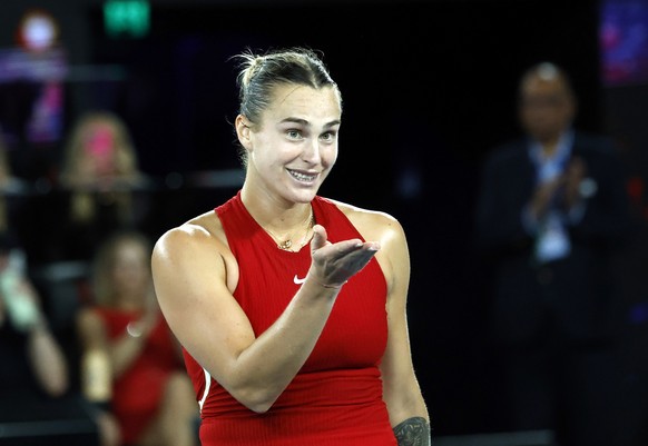 epa11098316 Aryna Sabalenka of Belarus celebrates winning her quarterfinal match against Barbora Krejcikova of Czech Republic at the Australian Open tennis tournament in Melbourne, Australia, 23 Janua ...