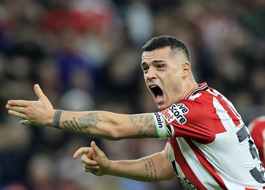 Sunderland v Newcastle United Premier League Granit Xhaka of Sunderland appeals to the referee fro a card to be issued during the Premier League match at the Stadium of Light, Sunderland 14/12/2025 UK ...
