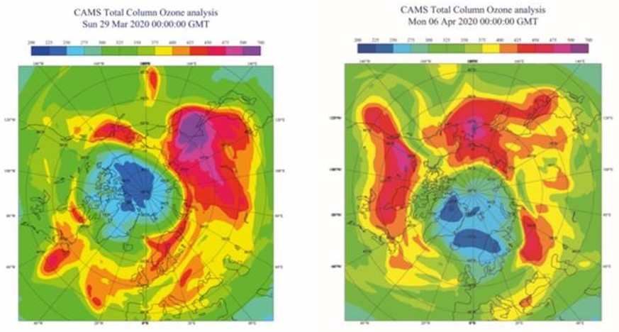 Die stark ausgedünnte Ozonschicht am 29. März und am 6. April 2020