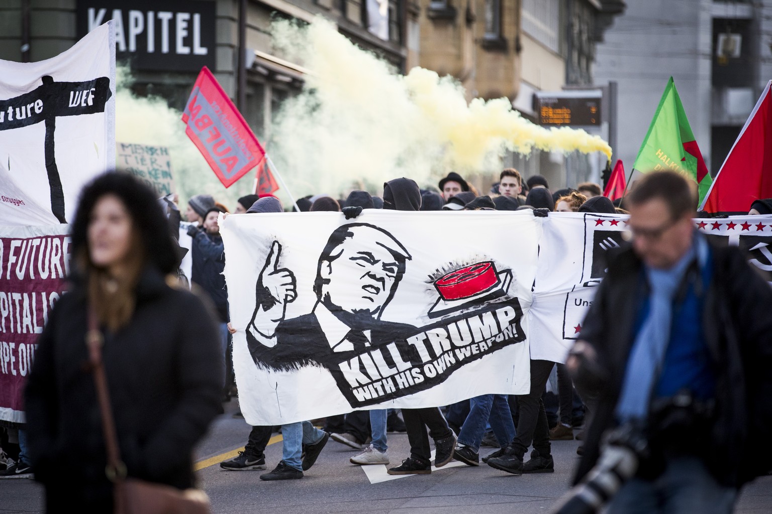 Protesters demonstrate against the World Economic Forum (WEF) and US president Donald Trump, in Bern, Switzerland, on Saturday, January 13, 2018. The WEF will take place from January 23 till January 2 ...