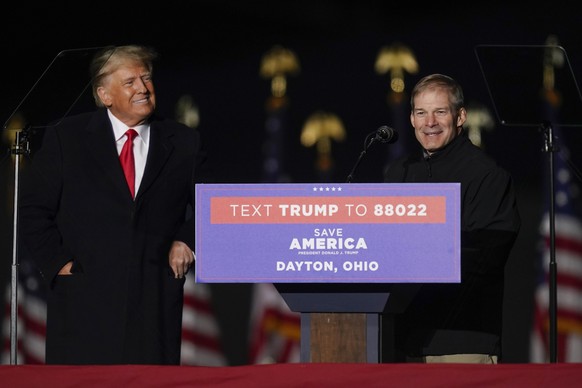 Wright Brothers Aero Inc. in Dayton Intern.  Former President Donald Trump welcomes Rep. Jim Jordan, R-Ohio, to the stage at a campaign rally in support of Ohio Senate candidate JD Vance's campaign in...