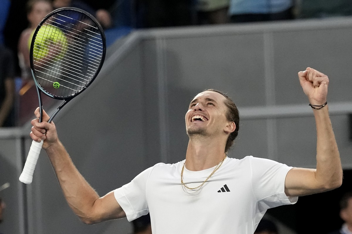 Alexander Zverev of Germany celebrates after defeating Cameron Norrie of Britain in their fourth round match at the Australian Open tennis championships at Melbourne Park, Melbourne, Australia, Monday ...