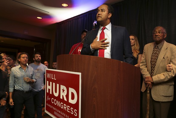 U.S. Rep. Will Hurd, R- Helotes running for Congress in District 23, talks with supporters as they watch the election results come in at the Eilan Hotel and Spa, Tuesday, Nov. 8, 2016. (Bob Owen/The S ...