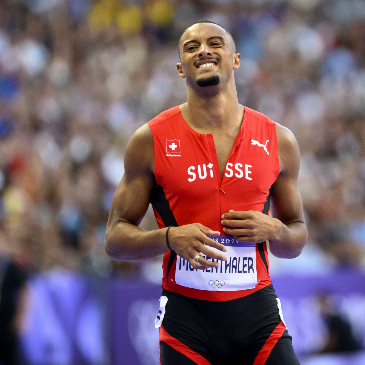 Timothe Mumenthaler of Switzerland competes during the men's 200m Round 1 race at the 2024 Paris Summer Olympics in Paris, France, Monday, August 5, 2024. (KEYSTONE/Laurent Gillieron)