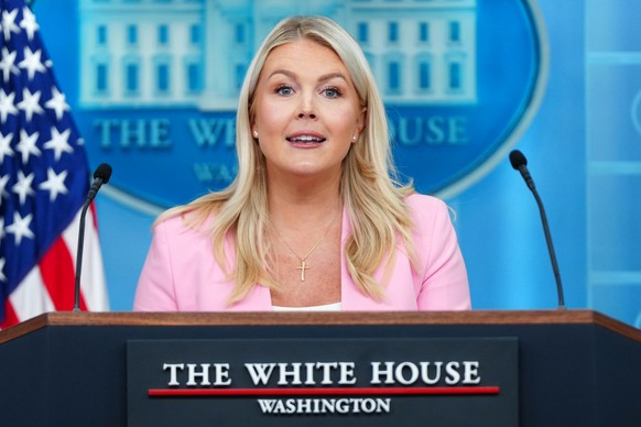 FILE - White House press secretary Karoline Leavitt speaks with reporters in the James Brady Press Briefing Room at the White House, July 16, 2026, in Washington. (AP Photo/Julia Demaree Nikhinson, Fi ...