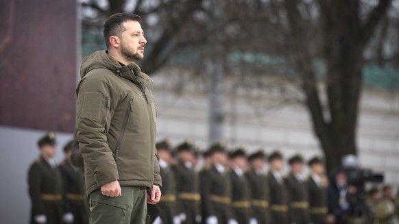 Ukrainian President Volodymyr Zelenskyy attends a commemorative event marking the one-year anniversary of the war in Russia and Ukraine, in Kyiv, Ukraine, Friday, February 24, 2023. (Ukrainian Presidential P...