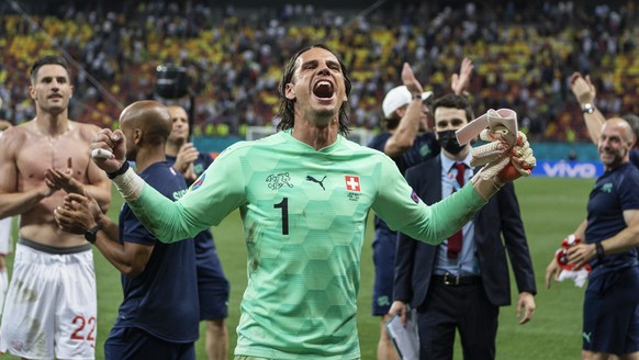 Switzerland&#039;s goalkeeper Yann Sommer celebrates after winning the Euro 2020 soccer tournament round of 16 match between France and Switzerland at the National Arena stadium, in Bucharest, Romania ...