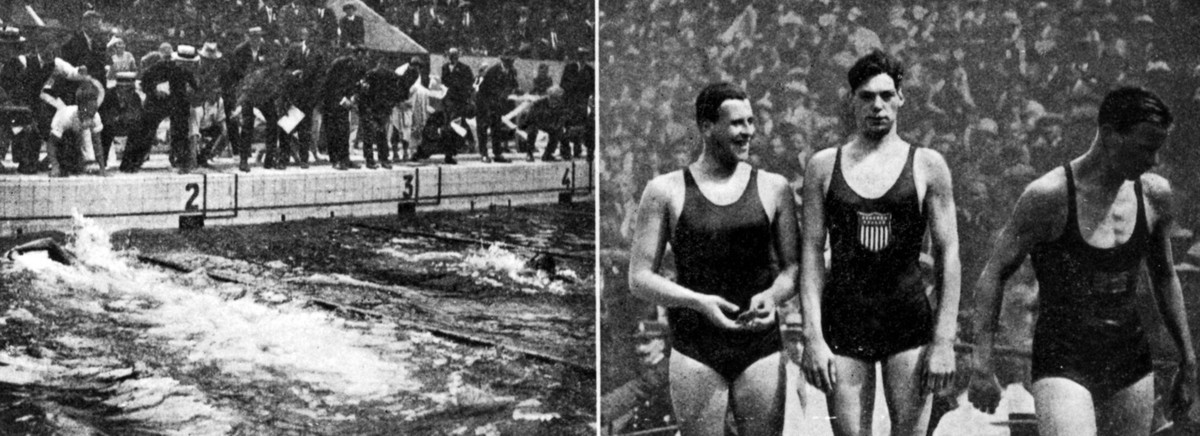 Bildnummer: 14519246 Datum: 01.01.1900 Copyright: imago/United Archives International
France, Paris Olympics, 1924: 400 metres swimming final, Johnny Weismuller leads Borg (left photo); and right phot ...