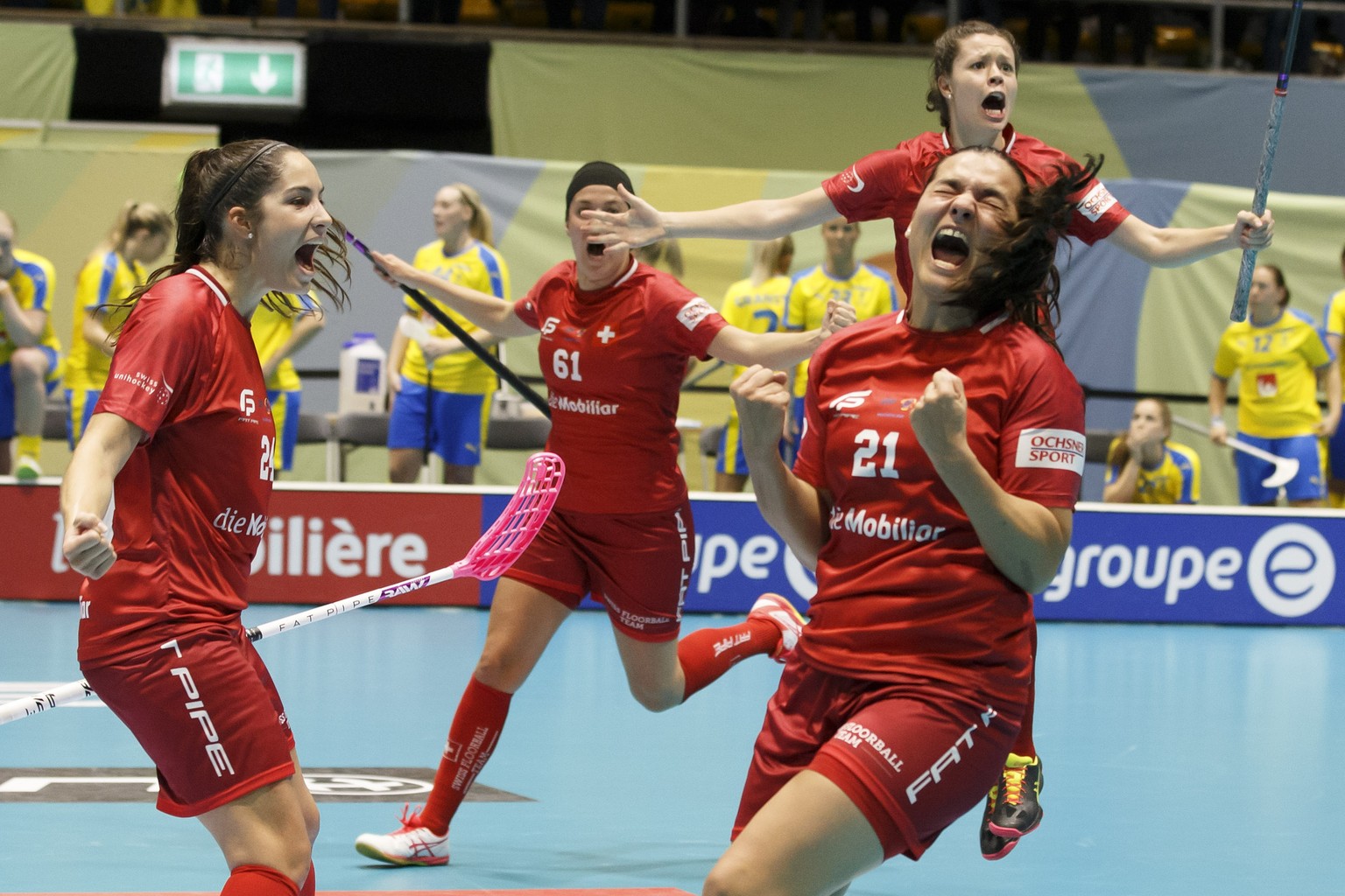 Switzerland&#039;s Corin Ruttimann #21 celebrates her goal after scoring the 2:2, during the Gold Medal game of the 12th Women&#039;s World Floorball Championships between Sweden vs Switzerland, in Ne ...