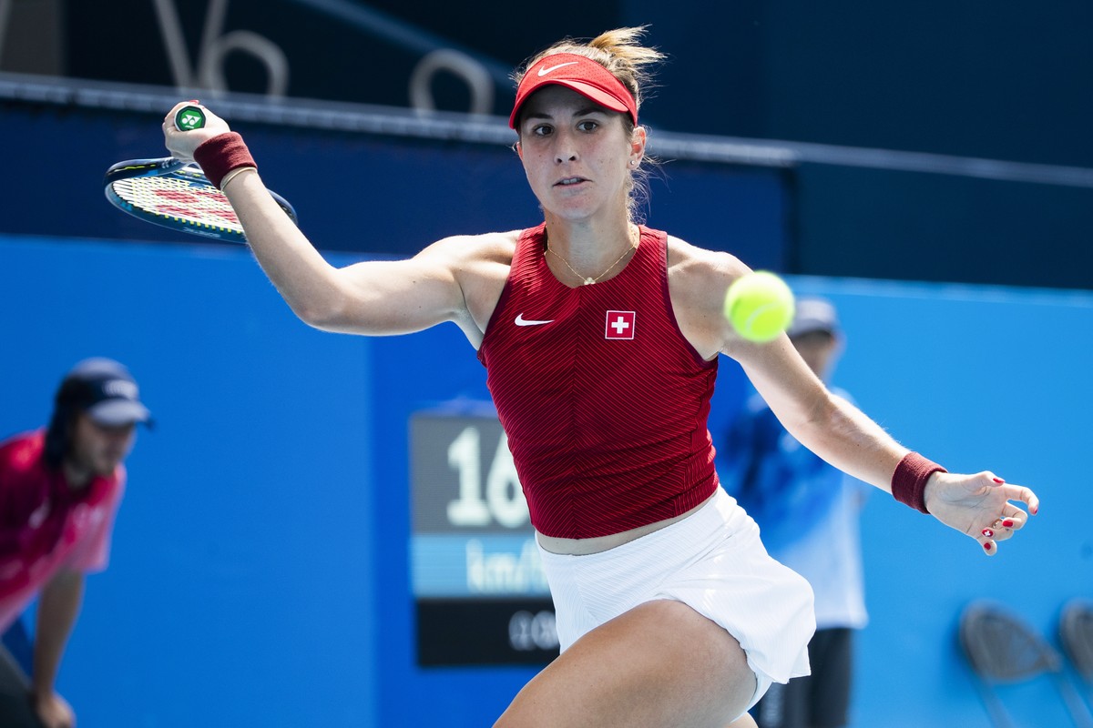 epa09366148 Belinda Bencic of Switzerland in action during her second round match against Misaki Doi of Japan in the women's single tennis competition at the 2020 Tokyo Summer Olympics at the Ari ...