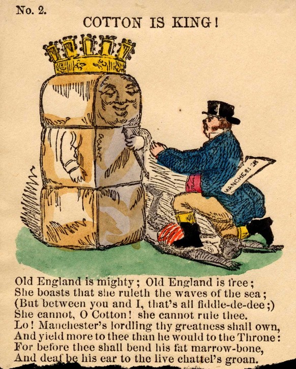 Karikatur von 1861 mit dem «King Cotton» (Baumwollkönig). Der Ausspruch «Cotton is king» ist eine Anspielung auf die wirtschaftliche Macht der Konföderierten Staaten durch den Baumwollanbau über das V ...