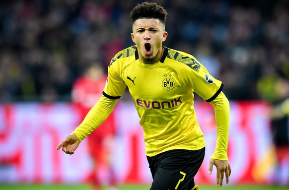 epa08203578 Dortmund&#039;s Jadon Sancho reacts during the German Bundesliga soccer match between Bayer Leverkusen and Borussia Dortmund at BayArena in Leverkusen, Germany, 08 February 2020. EPA/SASCH ...