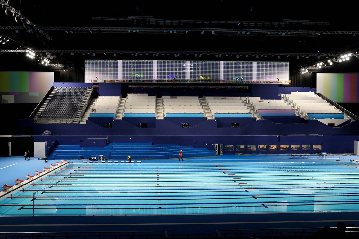 French Prime Minister Gabriel Attal during a visit of Olympic competition pools at the Arena Paris La DÃ fense in Nanterre Illustration during a visit by the Prime Minister of Olympic competition pool ...