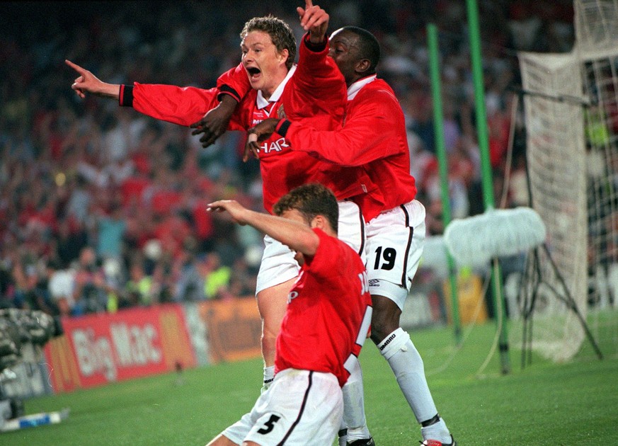 26th MAY 1999, UEFA Champions League Final, Barcelona, Spain, Manchester United 2 v Bayern Munich 1, Manchester United&#039;s Ole Gunnar Solkskjaer ecstatic after scoring the winning goal deep into in ...