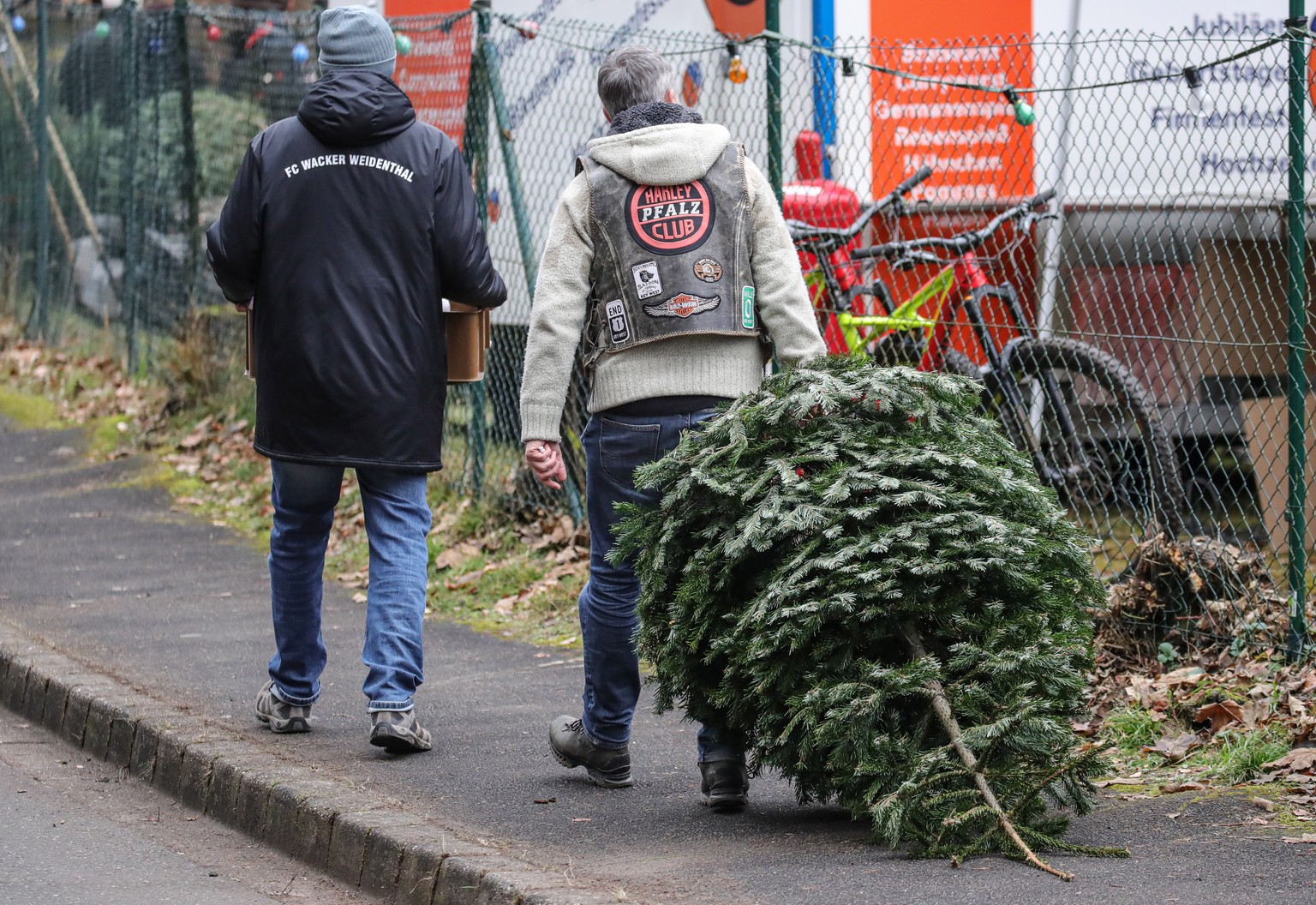 epa08104895 A man brings his tree to the Triathlon World Championships of Christmas tree throwing in Weidenthal, Germany, 05 January 2020. EPA/ARMANDO BABANI