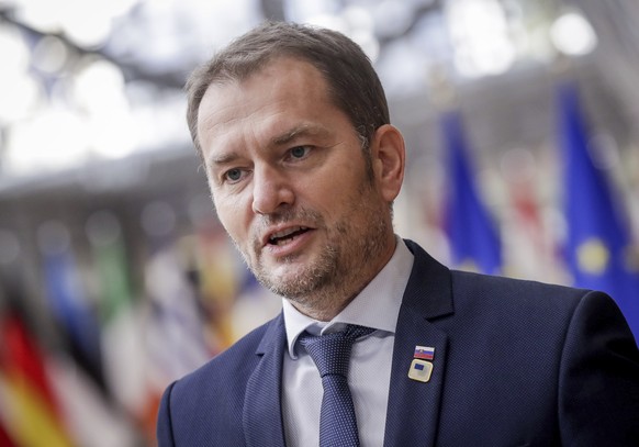 Slovakia&#039;s Prime Minister Igor Matovic arrives for an EU summit at the European Council building in Brussels, Thursday, Oct. 15, 2020. European Union leaders are meeting in person for a two-day s ...
