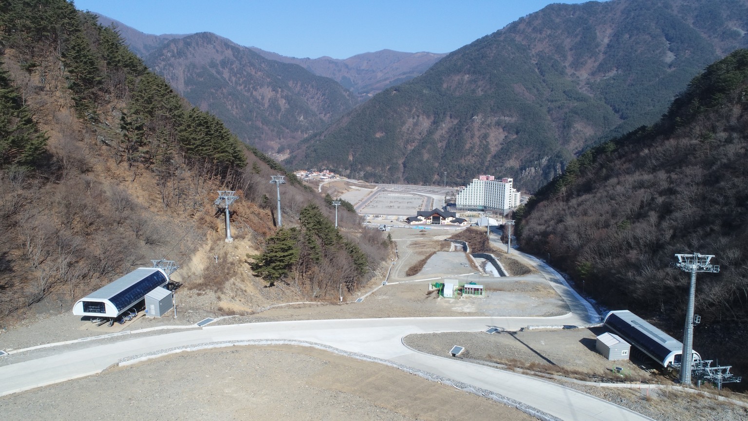 epa07315177 Picture taken with a drone shows the lower part of the Jeongseon Alpine venue which hosted the Downhill &amp; Super G races of the PyeongChang Winter Olympic Games 2018, South Korea, 24 Ja ...