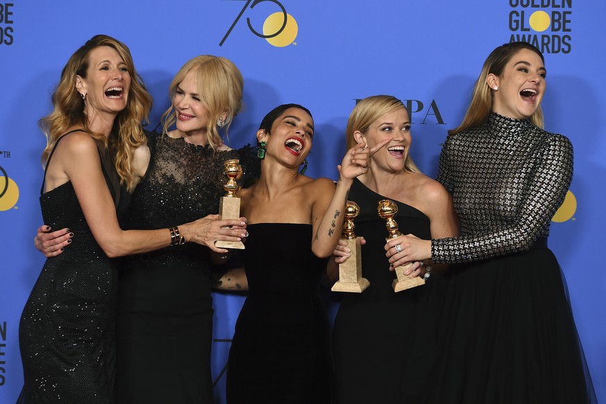 Laura Dern, from left, Nicole Kidman, Zoe Kravitz, Reese Witherspoon and Shailene Woodley pose in the press room with the award for best television limited series or motion picture made for television ...