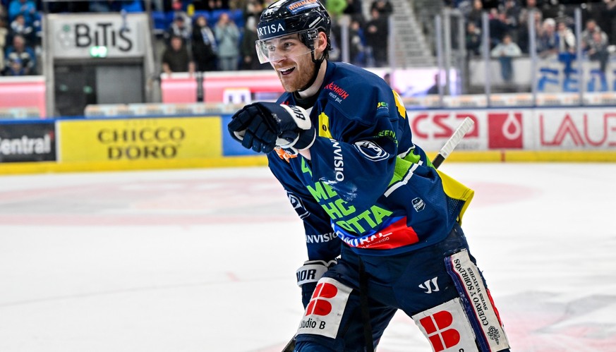 Andre Heim (HCAP) celebrates his goal, during the regular season National League game between HC Ambri Piotta and SC Bern at the ice stadium Gottardo Arena, Switzerland, March 7, 2026. (KEYSTONE/Ti-Pr ...