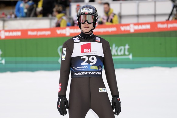 Norway&#039;s Robert Johansson completes his jump during the second round of the Ski Jumping World Cup individual competition in Planica, Slovenia, Friday, March 22, 2024. (AP Photo/Darko Bandic)